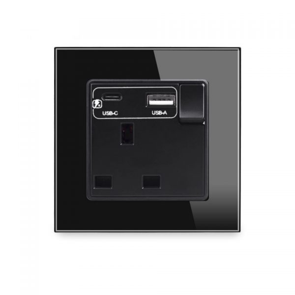 Glass 1gang 13A Wall Socket with Type A-C