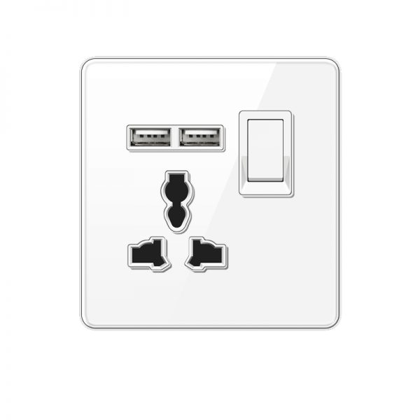 Tempered Glass 3Pin Multi Wall Switched Outlet with 2USB Ports