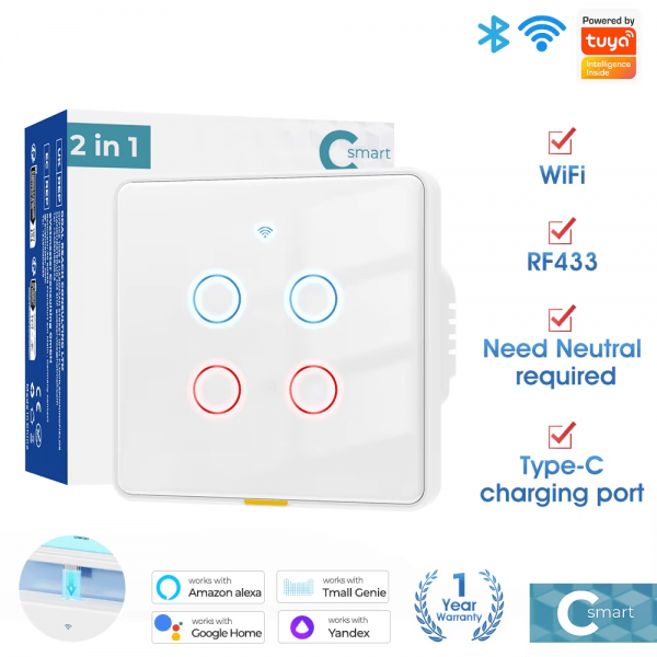 Type C 4gang1way WIFI RF433 Smart Touch Light Switch - Image 2