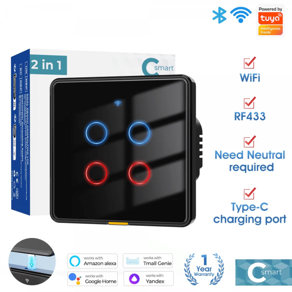 Type C 4gang1way WIFI RF433 Smart Touch Light Switch - Image 3